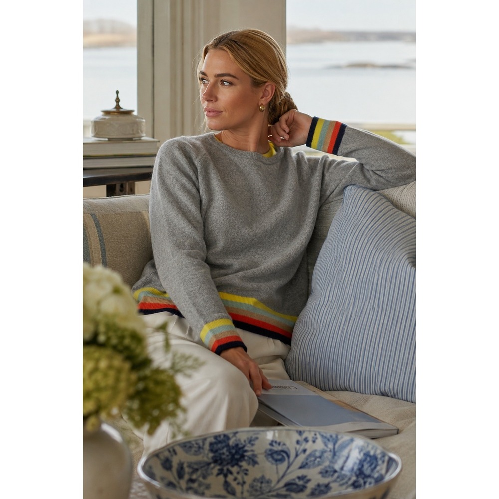 J. Society New York Plush Cashmere Sweater Grey Rainbow Stripe Quiet Luxury S
